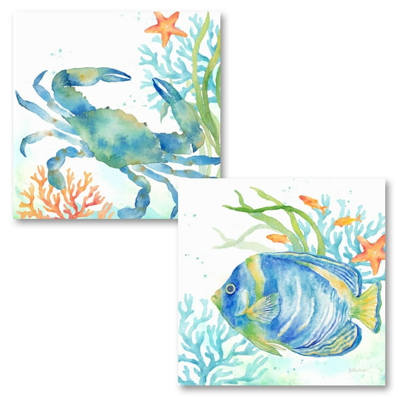 Lovely Watercolor-Style Tropical Fish and Crab Underwater Set by Cynthia Coulter; Coastal Décor; Two 12x12in Unframed Paper Posters