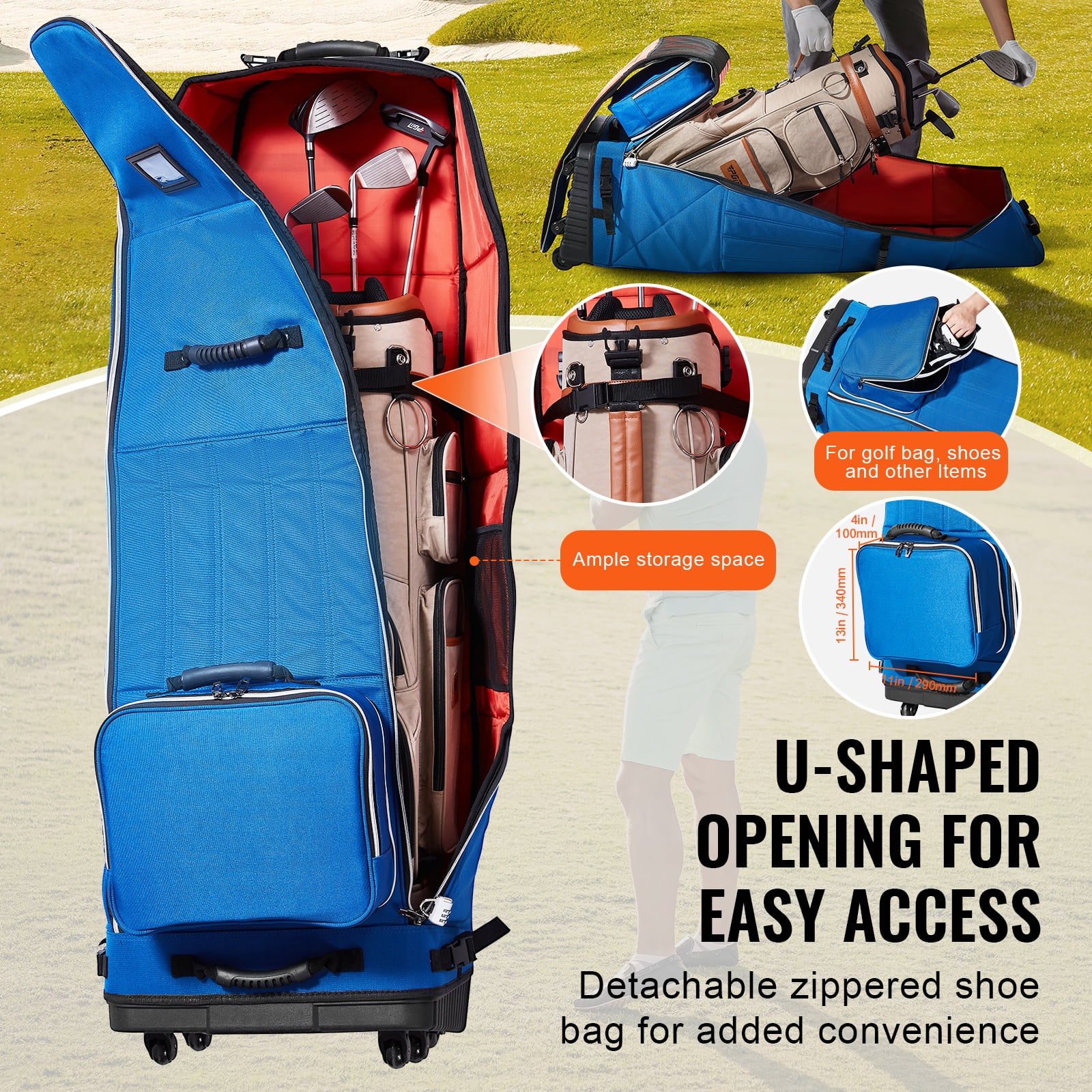 KFFKFF Golf Journey Case, Soft Exterior Golf Bag Cover, Durable 1200D Polyester Oxford Water-Resistant, Cushioned Wheeled Luggage for Clubs, Collapsible Carrier for Air Travel