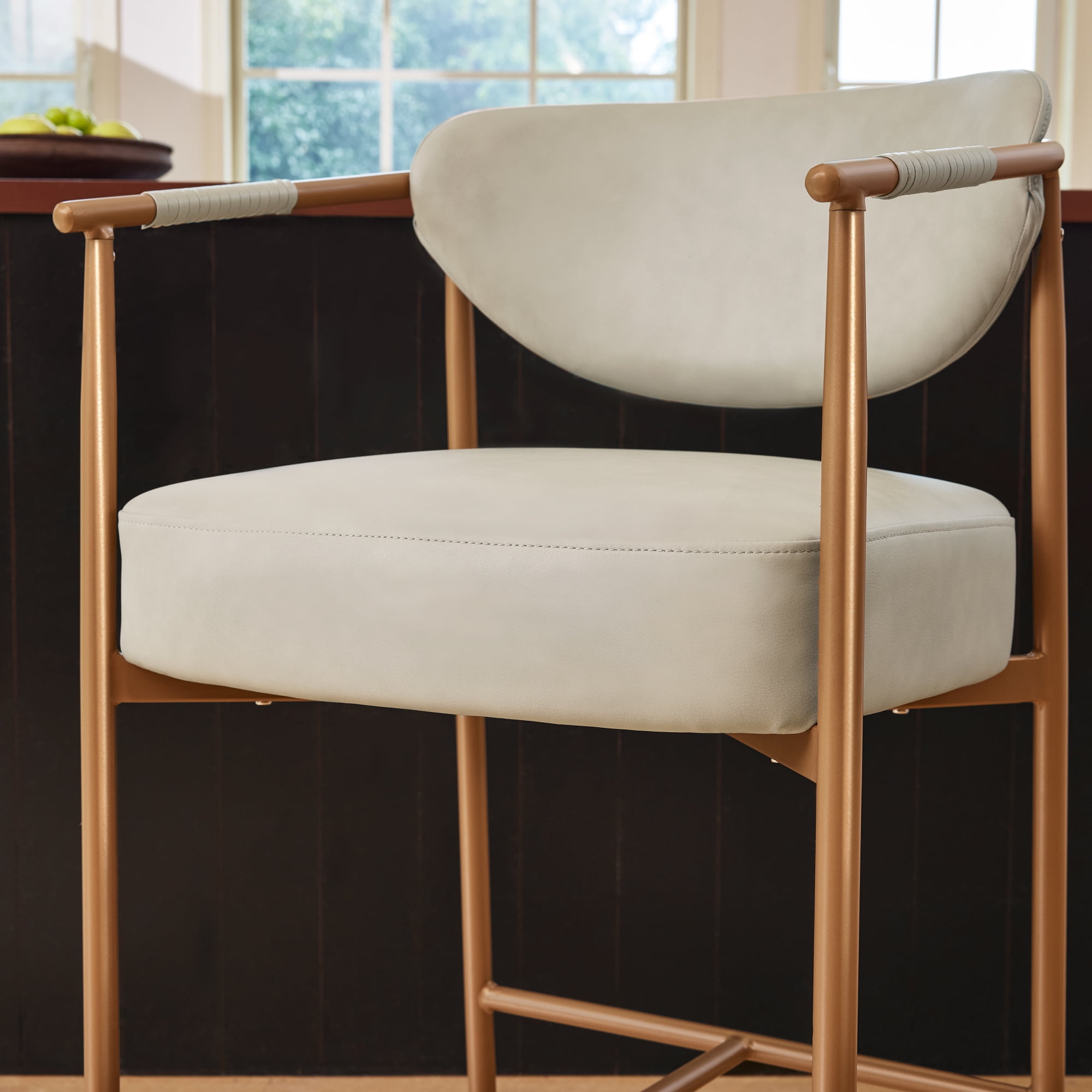 Spruce & Spring Modern Counter Bar Stool with Woven Strap Arms & Gold Metal Frame Set of 2, Beige with Gold Frame
