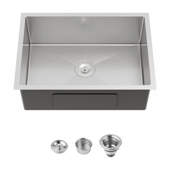 Izzovium 27"x19" Undermount Stainless Steel Kitchen Sink, Single Bowl Brushed Nickel Finish with US Standard Drain & Hook, 20 Gauge 304 Steel, Gray (Model: LS-SSBR06)
