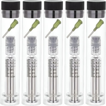 GJX Reusable Glass Dispensing Syringes with Luer & Needle for Industry or Laboratory Liquids Filling Glue Application Silver 9.1x2cm Capacity: 1ml (0.03fl. oz)