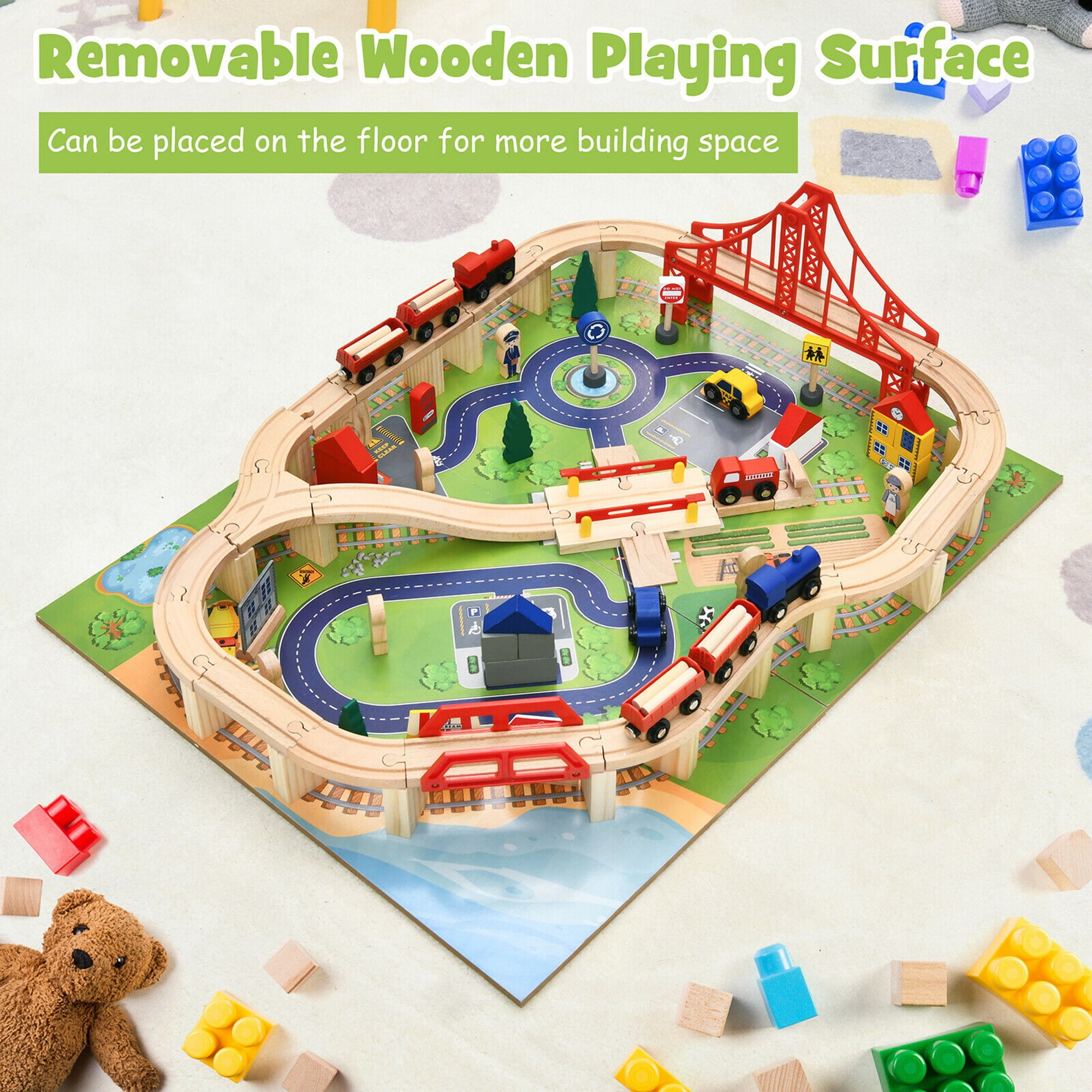 Gymax Wooden Kids Train Track Railway Set Table w/100 Pieces