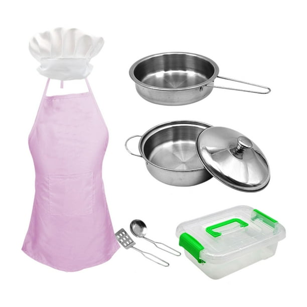 Los juguetes de cocina incluyen utensilios de cocina, delantal y juego de chef para cocinar. rosa