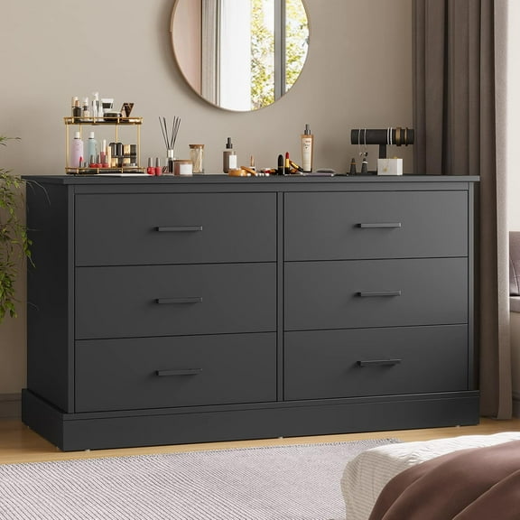 Hasuit Black 6 Drawer Double Dresser for Bedroom, Wood Storage Tower Clothes Organizer, Wide Chest of 6 Drawers, Large Storage Cabinet, Dresser with Sturdy Base for Bedroom, Hallway, Entryway