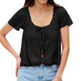 thumbnail image 1 of T-shirts Tendance pour Femmes pour Tenue Décontractée et de Vacances Manches Courtes Col Rond avec Dentelle Détail Ajouré et Nœud Papillon, 1 of 6