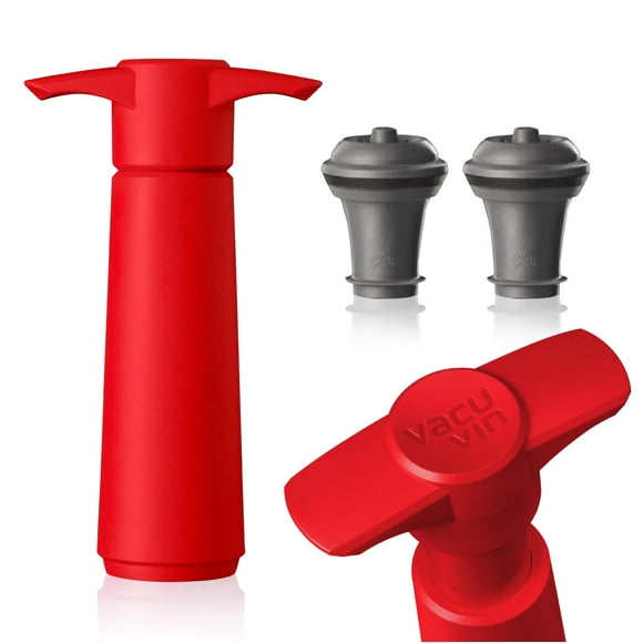 Vacu Vin Wine Saver Pump Red with Vacuum Wine Stopper - Keep Your Wine Fresh for up to 10 Days - 1 Pump 2 Stoppers - Reusable - Made in the Netherlands