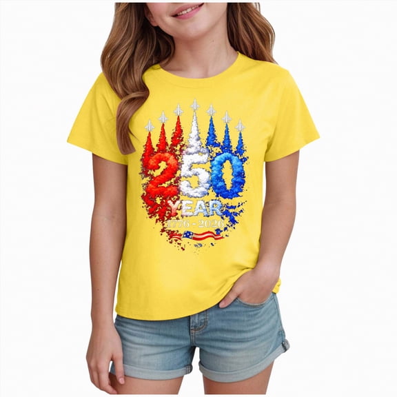 kpoplk Girls Short Sleeve Patriotic Tshirts 250 Years Anniversary American Flag Graphic Tee Summer Casual Shirt(Yellow,11-12 Y)