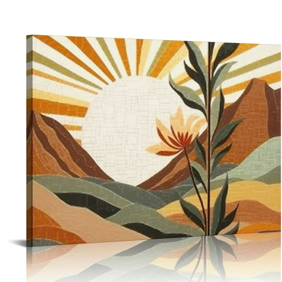 Fenyluxe Canvas Wall Art Print: Sun Mountain Range Art Deco Painting Modern Ready To Hang Room Home Decor 16x12in