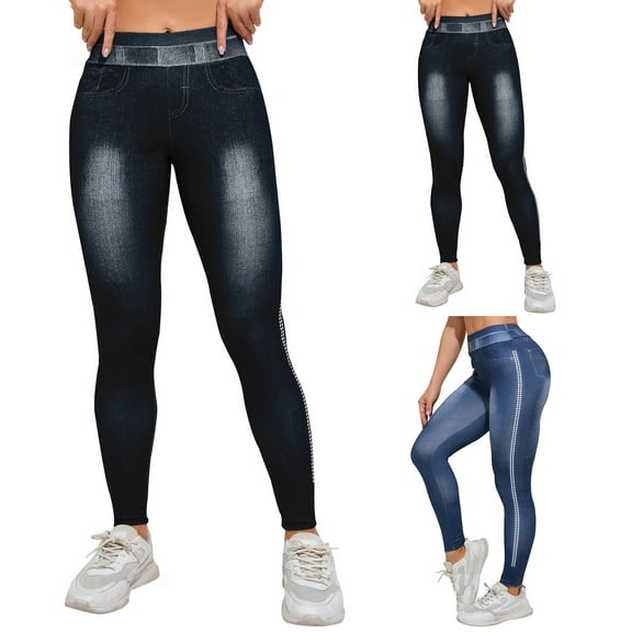Xdegoge Womens Yoga Pants High Waisted Elastic Leggings Denim Look Pearl Embellishment Pants Fashion Casual Sport Tummy Control Legging for Fall Winter