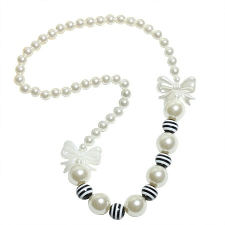 AkoaDa little Girls Black White Stripe Beads Statement Chunky Bubblegum Necklace Imitation pearls Black Bow Knot Gift Kids Jewelry