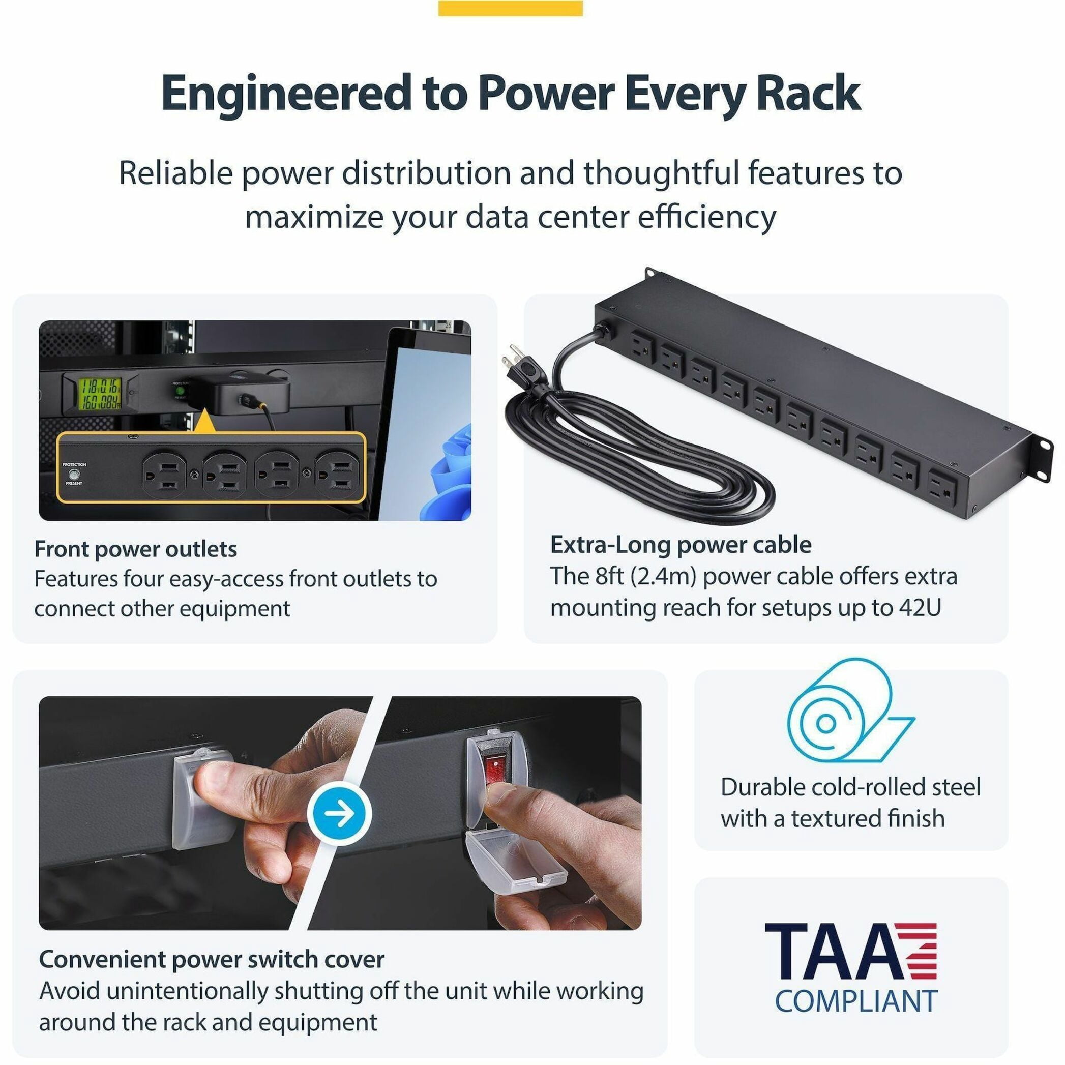 StarTech.com 16-Outlet Horizontal Rack Mount Metered PDU, 1U Server Power Strip w/Surge Protector, 125V/15A, 8ft (2.4m) Power Cord, TAA
