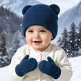 thumbnail image 2 of Lispipm Baby 2 Piece Bear Ear Beenie Hat and Mittens Stretchy Warm Winter Accessory Infant Toddler Kids Indoor Outdoor Knit Set Blue 0-6 Months, 2 of 5