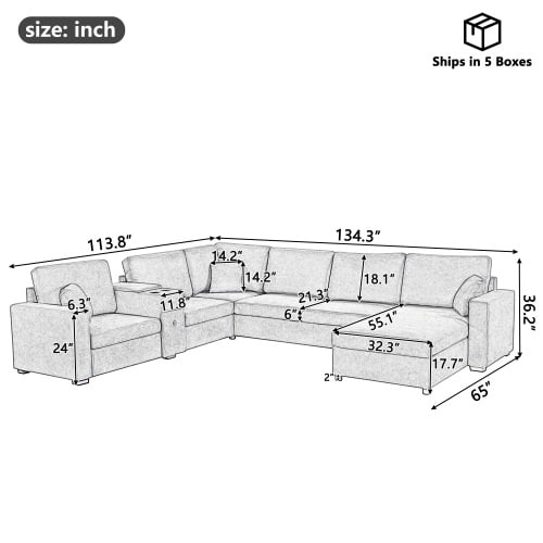 134" U-Shape Modular Sectional Sofa, 5-Seat Couch with Chaise Lounge, Deep Seat, Built-In Cup Holders, Storage Drawer and Pillows, Grey