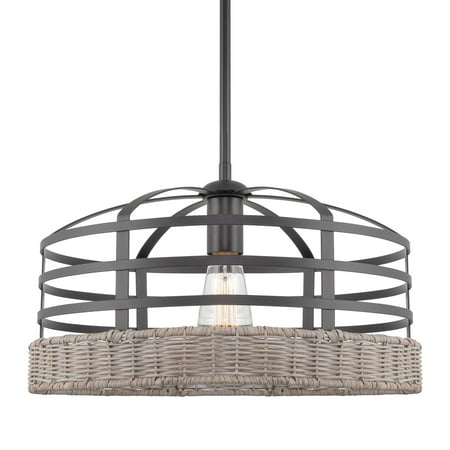 

Kira Home Thatcher 16 1-Light Farmhouse Pendant Chandelier + Wire Cage Shade Gray Wicker Accents + Black Finish