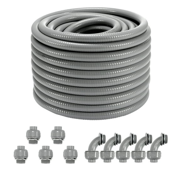 VEVOR 3/4-Inch Flexible Electrical Conduit, 100 ft, PVC Liquid-Tight Conduit Non-Metallic with 5 Straight and 5 90-Degree Conduit Connector Fittings..