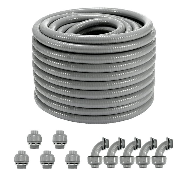 VEVOR 3/4-Inch Flexible Electrical Conduit, 100 ft, PVC Liquid-Tight Conduit Non-Metallic with 5 Straight and 5 90-Degree Conduit Connector Fittings..