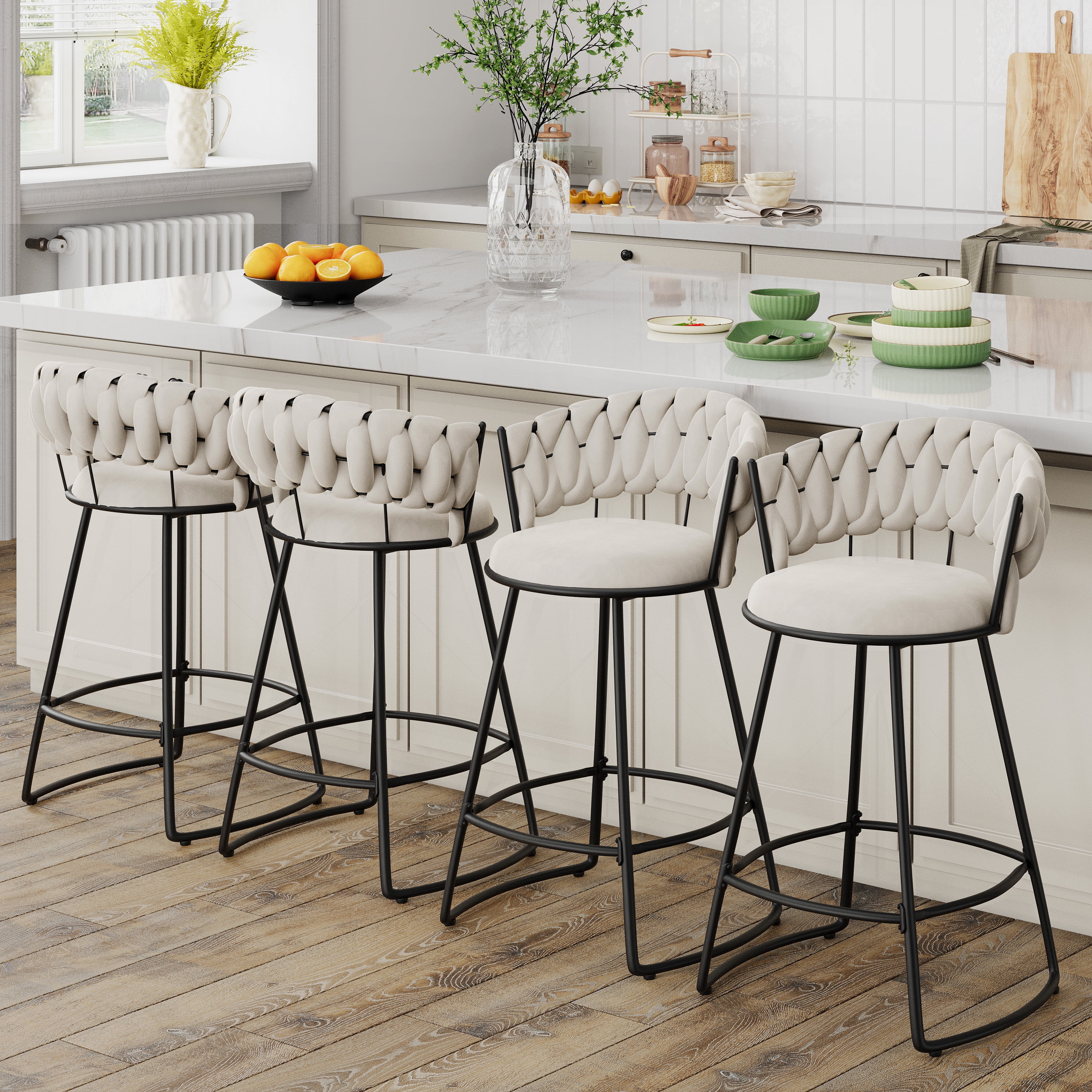 Andeworld 26'' Bar Stools with Woven Back set of 2, Modern Velvet Barstools with Upholstered Seating, Counter Height Barstool in U-Footrest, Ivory