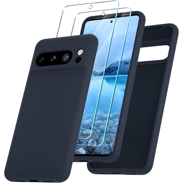 KOMI for Google Pixel 8 Pro Case, Silicone Phone Case with 2 Screen Protector, Soft Anti-Scratch Microfiber Lining, Full Body Shockproof Slim Cover Support Wireless Charging, Navy