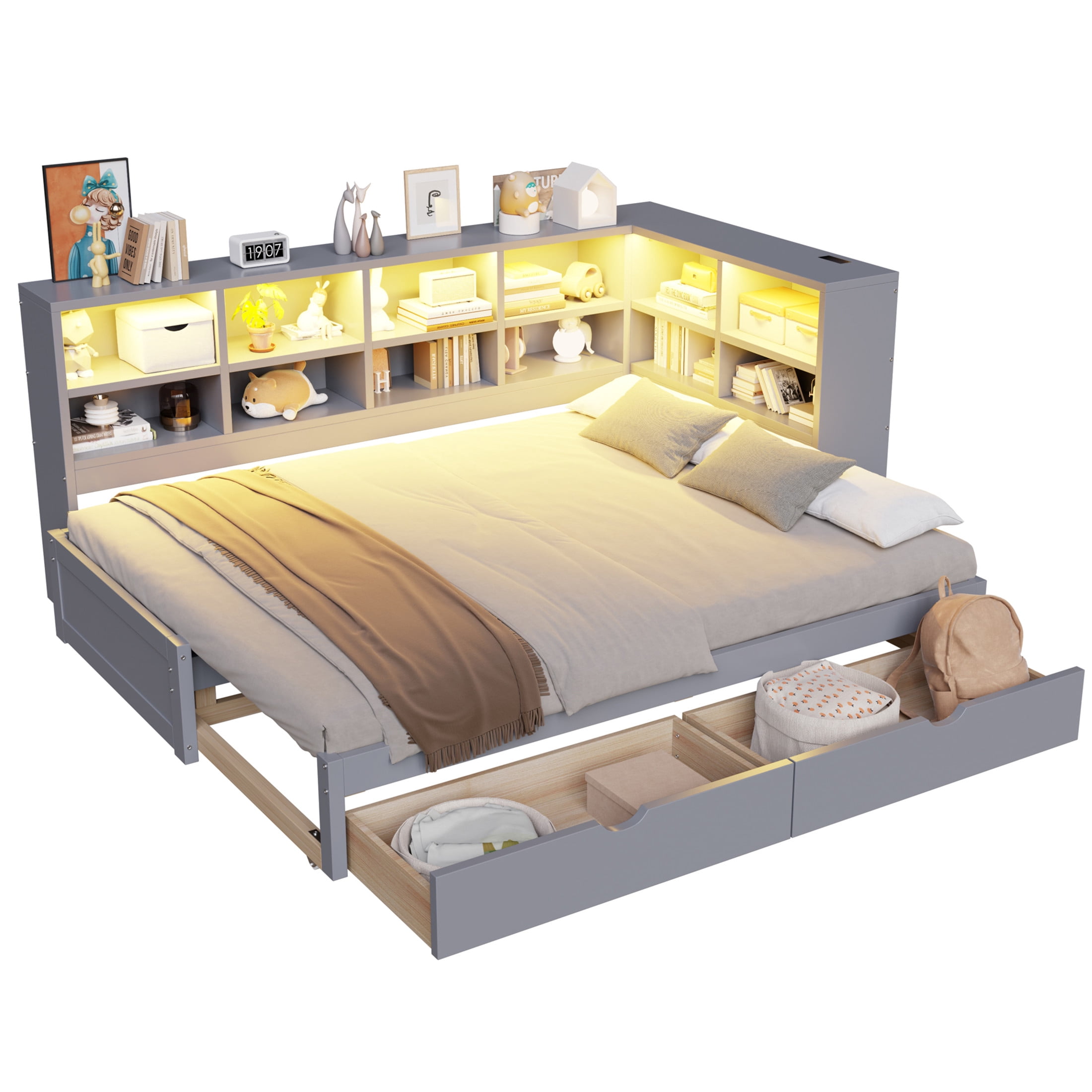 Noble House Corvella Twin XL to King Expandable Daybed with Storage Drawers, Open Shelves, LED and USB, Gray