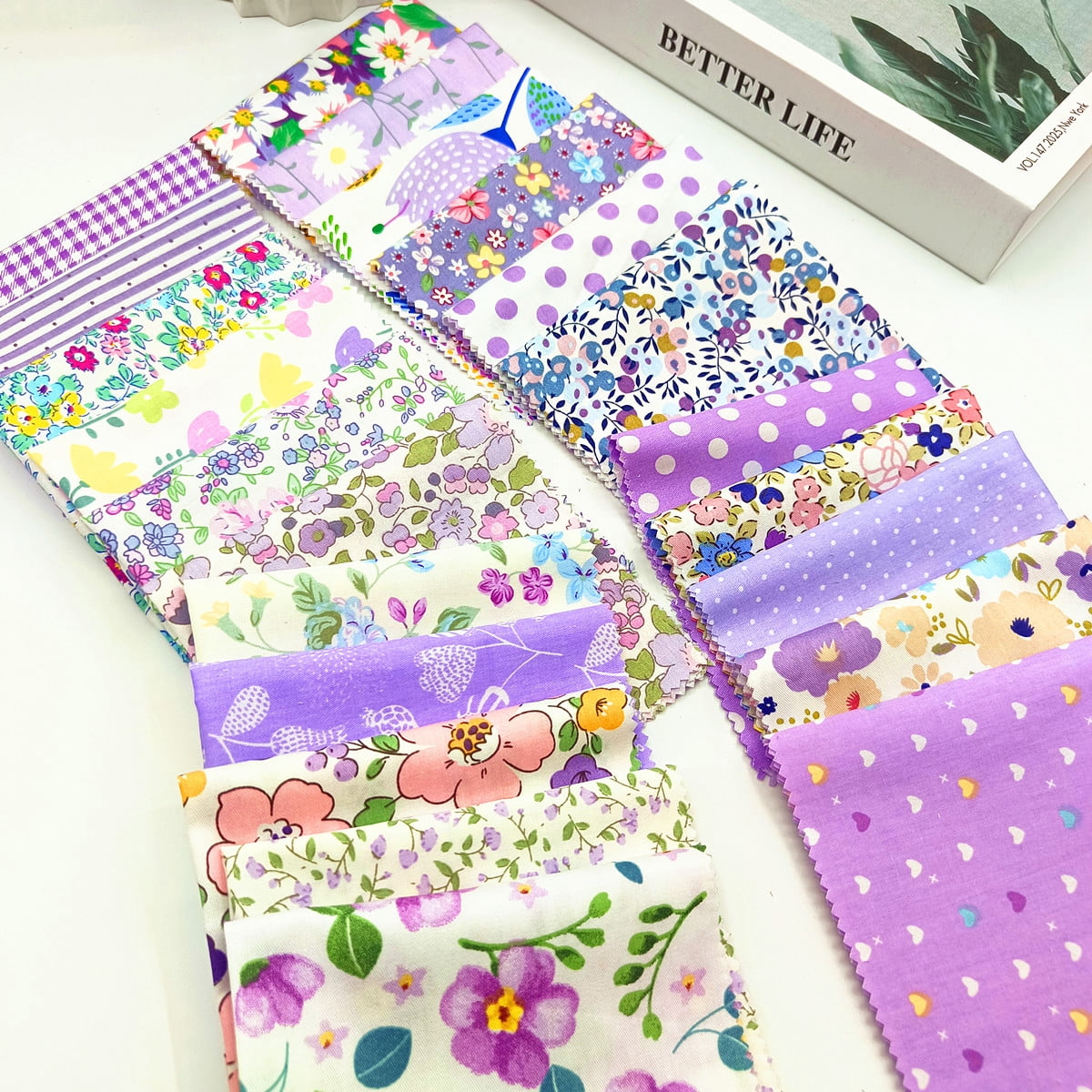 iMzoon 22Pcs 10" Cotton Fabric Quilting Squares,No Repeat Floral Charm Pack, Precut Pink Fabric for Sewing with Wavy Edges, DIY Scrapbooking Craft Supplies Purple