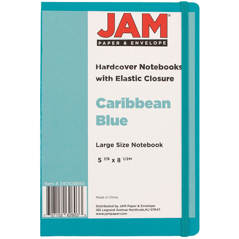 JAM Paper Hardcover Notebook with Elastic Band, 1/Pack, Caribbean Blue, Large, 5 7/8 x 8 1/2, 100 Lined Sheets