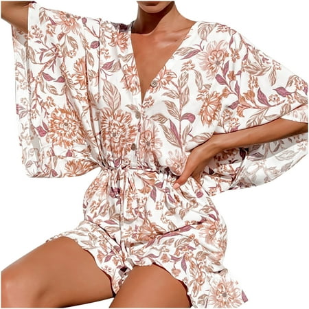 

Wyongtao Cozy Women V-Neck Jumpsuit Drawstring Pants Wide Leg Short Printing Rompers Overalls