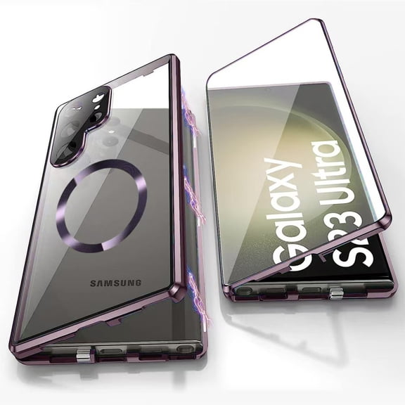 ELEHOLD Full Body Clear Magnetic Case For Samsung Galaxy S23 FE , Shockproof Magnetic 360° Protective Cover Magnetic Closure Edge with HD Tempered Glass Screen Protector, Purple