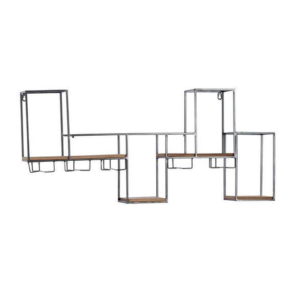DecMode 36" x 16" Black Metal Geometric 7 Bottles Wall Wine Rack with 5 Glass Holder Slots, 1-Piece
