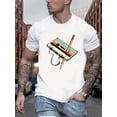 thumbnail image 1 of Camiseta con estampado de casete retro para hombre. Cuello redondo informal, mezcla de algodón y elastano, ligeramente elástica. Tejido de punto de verano. Ideal para adultos, hombres, mujeres, adoles, 1 of 7