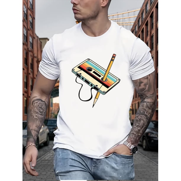 Camiseta con estampado de casete retro para hombre. Cuello redondo informal, mezcla de algodón y elastano, ligeramente elástica. Tejido de punto de verano. Ideal para adultos, hombres, mujeres, adoles