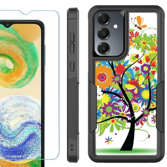 Heavy Duty Dual Layer Hybrid Phone Case for Samsung Galaxy S24 FE 5G with Tempered Glass Screen Protector, by OneToughShield - Colorful Tree
