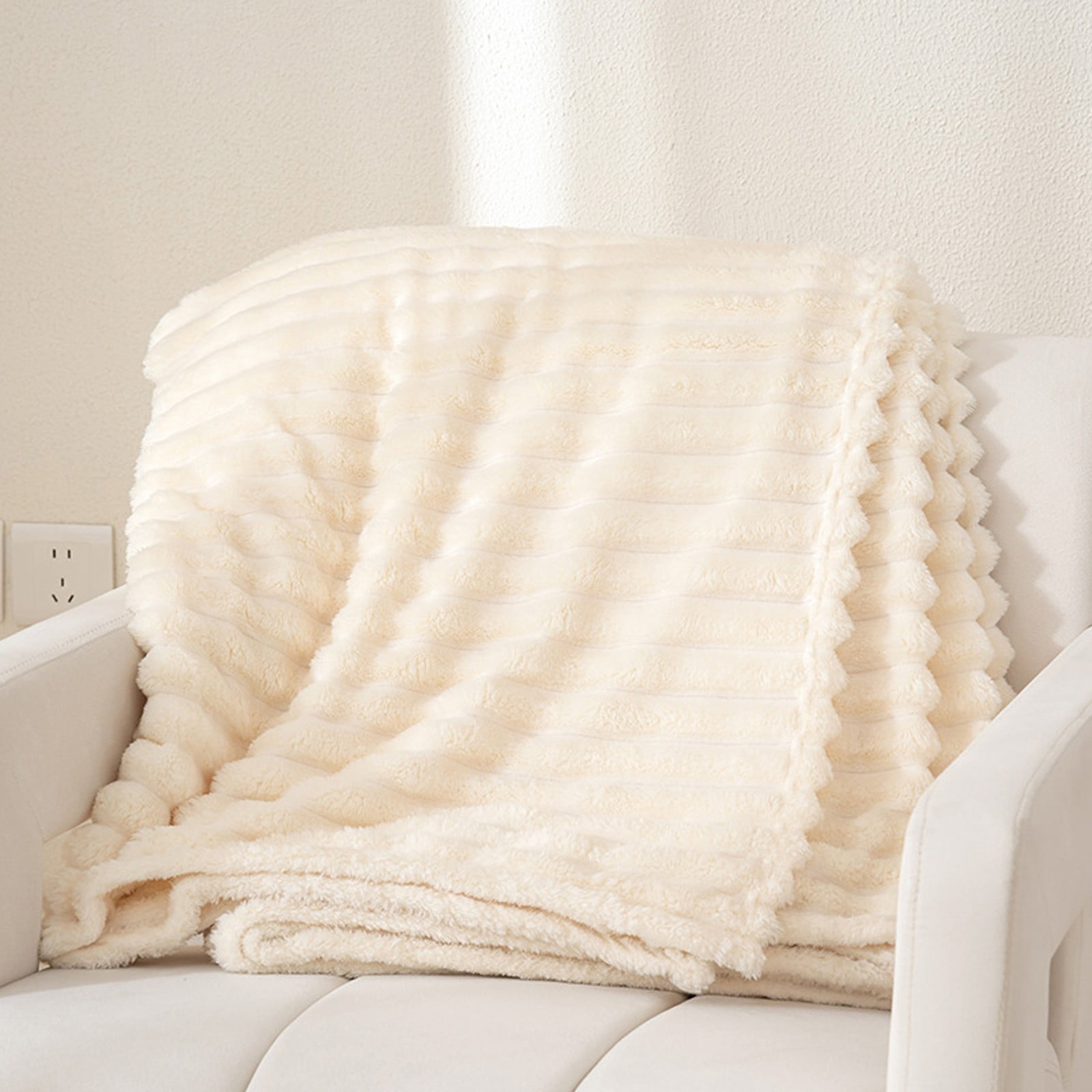 Double-Layer Raschel Fleece Blanket - Thermal Winter Throw Sofa Bed Wrap Cold Weather Essential Anti-Pilling Home Decor(White)
