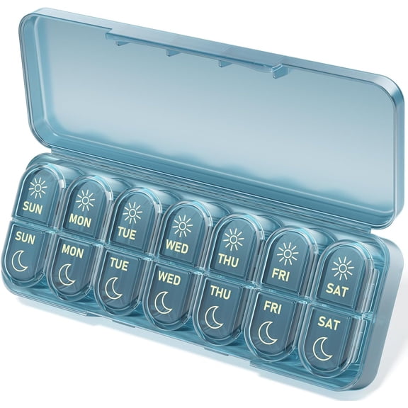 Pill Organizer 2 Times a Day, 7 Day Pill Box AM PM, Weekly Daily Medicine Organizer for Travel, Medication Container for Vitamins & Supplements (Blue)