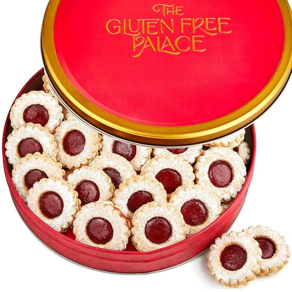 GLUTEN FREE PALACE Raspberry Linzer Cookie Gift Tin – Gluten Free Shortbread Sandwich Cookies, 21 Count, 16 oz, Red Reusable Holiday Gift Box