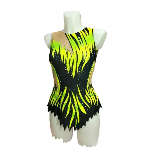LIUHUO Custom Rhythmic Gymnastics Leotard Black w/ Neon Green Flame & Rhinestones Women & Girls
