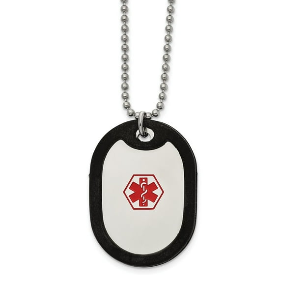 Primal Steel Stainless Steel Polished with Red Enamel and Black Rubber Medical 24-inch Necklace