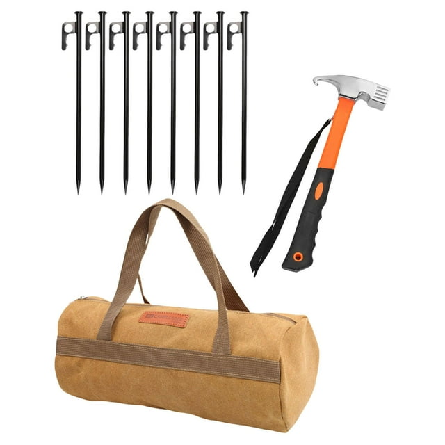 S SERENABLE Heavy Duty Camping Ground Pegs Set with Tool Portable Multipurpose for Snowfields Accessory 8 Flat Head Anchors Storage Bag 25cm