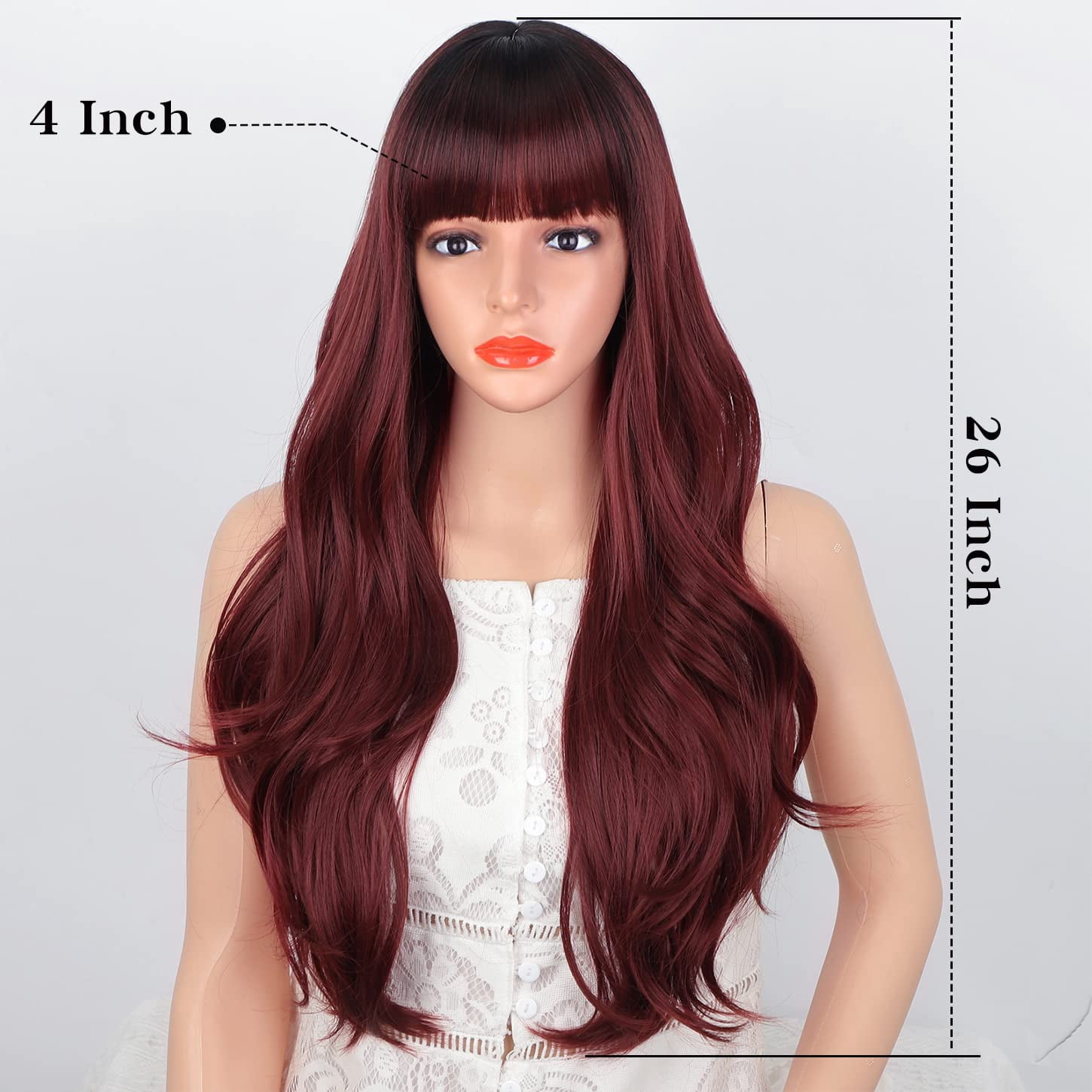 DOPI Red Wigs with Bangs, Wine Red Wigs for Women Long Wavy Wigs with Dark Roots Ombre Burgundy Wigs Natural Looking Synthetic Heat Resistant Fiber for Daily Party Use (26Inch)