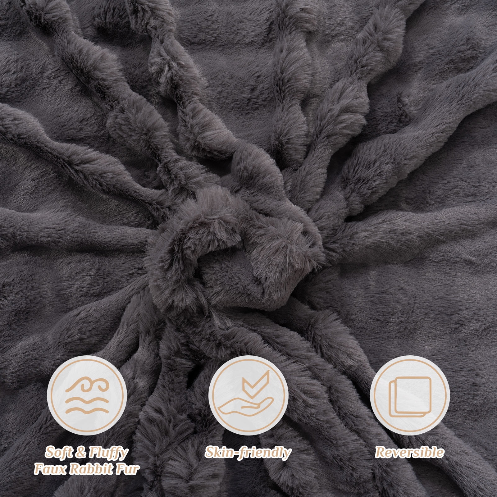 VK·LIVING Thick Ribbed Faux Rabbit Fur Cozy Reversible Throw Blanket,Super Soft 3D Striped Fuzzy Cozy Blankets,Dark Gray,90"x 90"