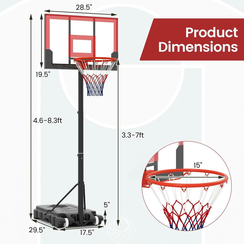 Barara King Basketball Goals Systems Stand with 3.3-7 Feet Portable Adjustable Height, Basketball Hoop Stand for Kids, Indoor, Outdoor, Gym, Red