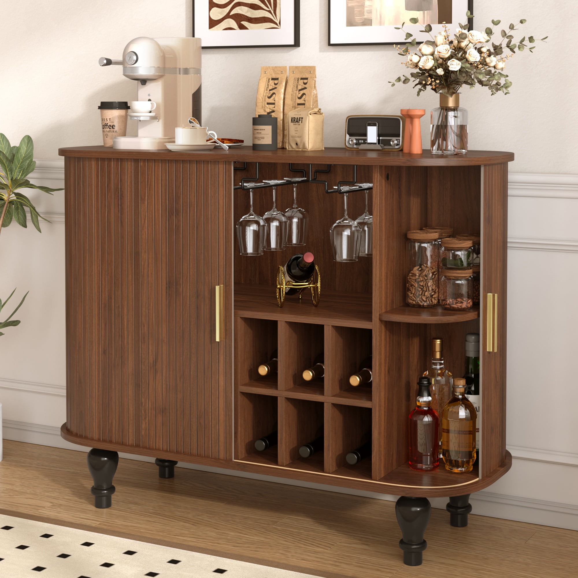Euroco 39" Wine Bar Cabinet, Standing Liquor Cabinet with 6 Wine Racks,3 Glass Holders,Storage Drawer & Side Hidden Storage Space,Coffee Bar Cabinet for Kitchen Dining Room,Walnut