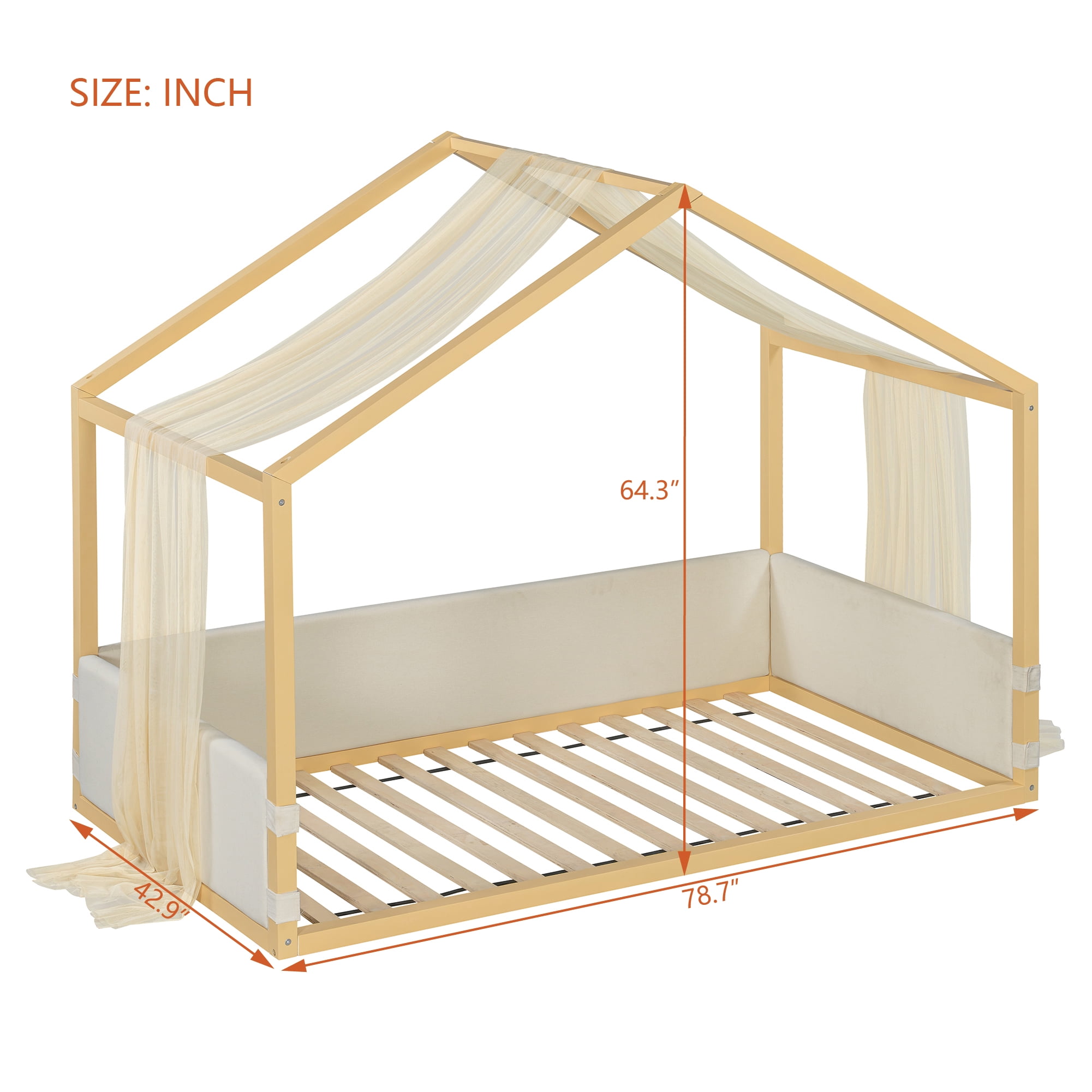 Mintazer Twin Size Montessori House Floor Bed with Breathable Gauze Canopy & Velvet Upholstered Side Guard Panels, Low Platform Kids Playhouse Bed Frame for Bedroom Guest Room, Natural