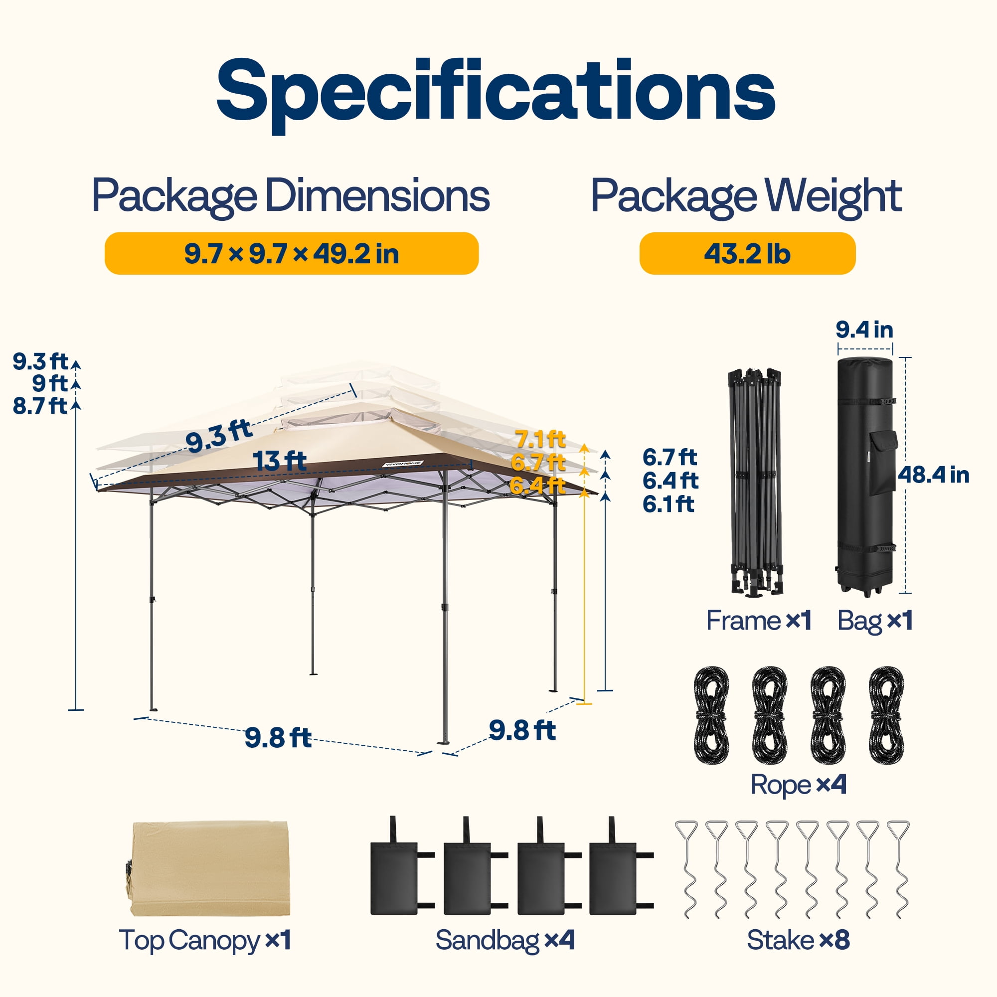 SPECSTAR 13x13ft Pop Up Gazebo One Push Setup Outdoor Canopy Tent Heavy Duty with Wheel Carry Bag, Center Lock and 4 Sandbags, 169 Square Feet of Shade, Beige