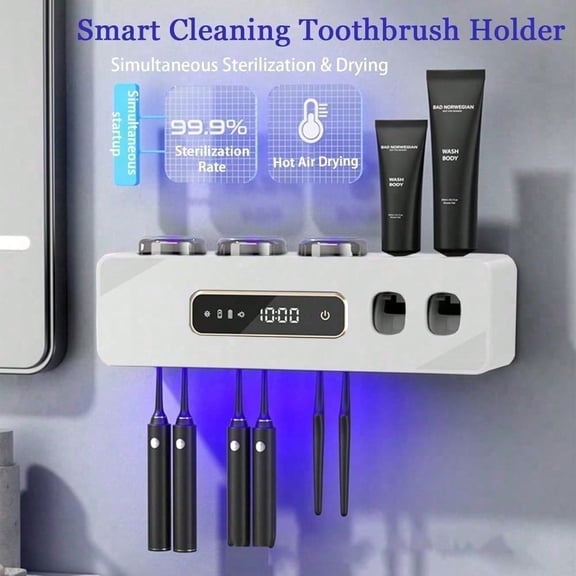 Electric Toothbrush Holder & Toothpaste Dispenser for Bathroom, 3 Cups, Wall Mount