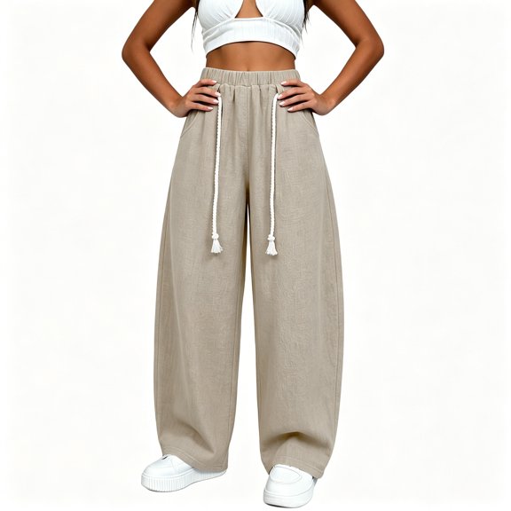 BCSIOAOI Womens Pants,Elastic Waist Barrel Leg Pants with Exposed Drawstring and Pockets Beige L