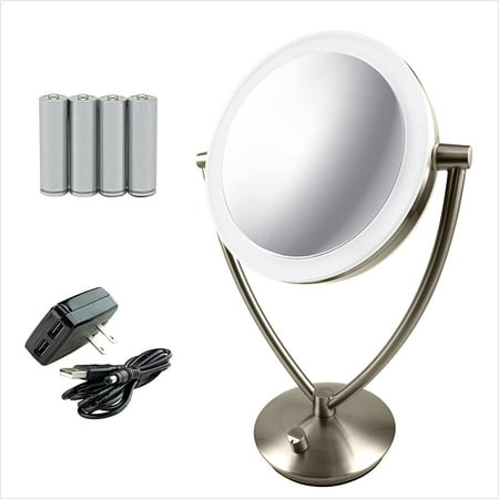 OVENTE LED Lighted Makeup Mirror 7.5 inch Table Top, Magnifier Dimmable, Nickel Brushed MLT75BR1X5X