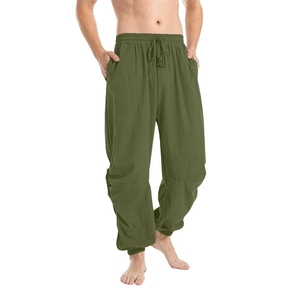 SERTG Men's Casual Pants Solid Color Straight Leg Pants with Drawstring Fashion Spring Fall Linen Cotton Elastic Ankle Men's Trousers Jogger Pants(Army Green,3XL)