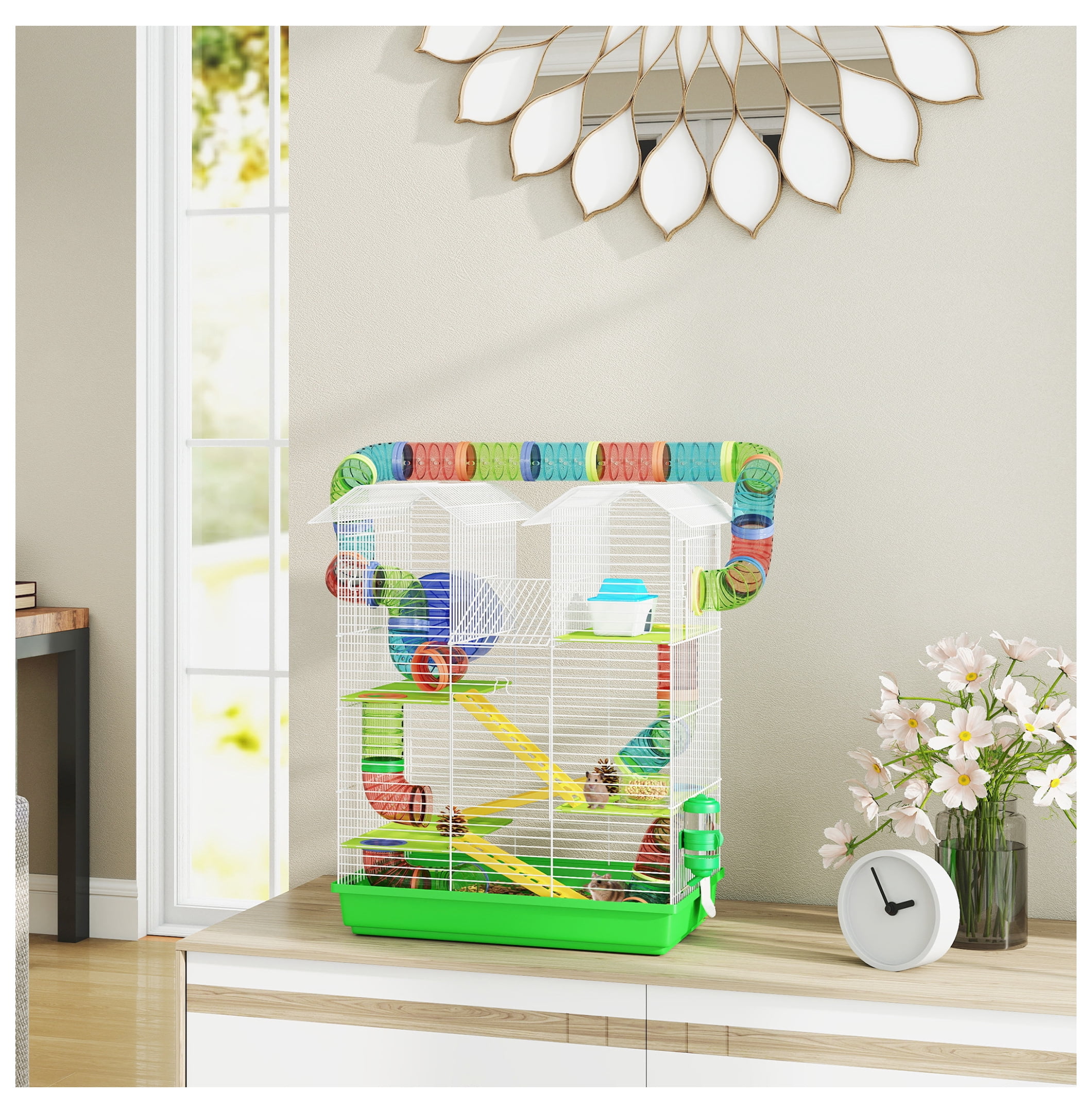Hamster Cage 5 Tier with Tubes & Wheel, Small Animal Cage for Gerbil Rats, 18.5 Inch Green Habitat
