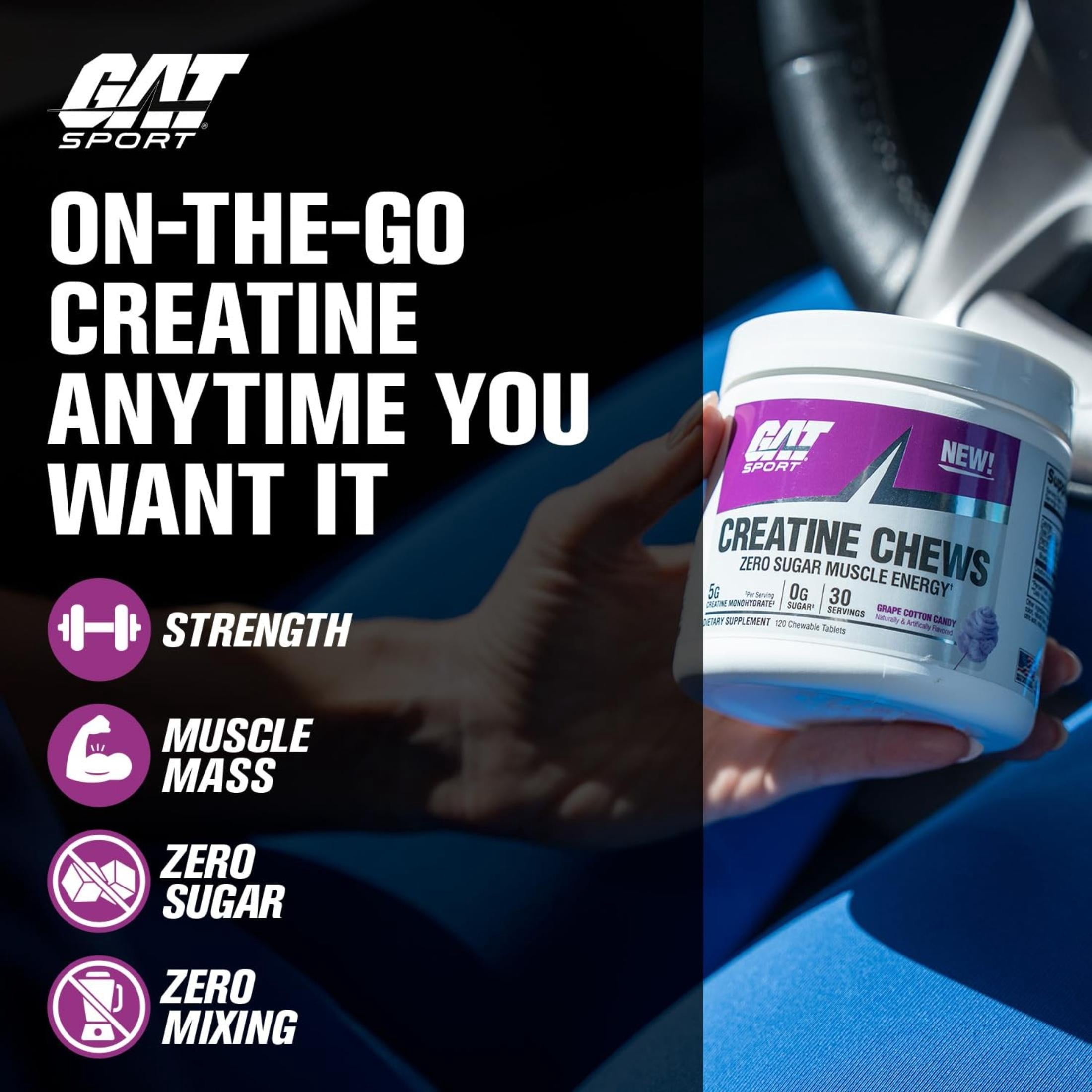 GAT SPORT Creatine Chews, Zero Sugar, 5g Pure Creatine Monohydrate, 3rd Party Tested, Brain Health, Muscle, Strength, Anti-oxidant Support, for Men & Women, 30 Servings (Lemon Lime)