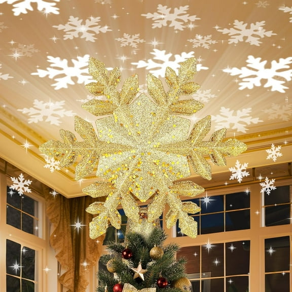 Christmas Tree Topper Lighted with 6 Projection Slides, Snowflake Christmas Tree Topper LED Rotating 3D Lighted Tree Toppers Glitter Tree Topper Projector for Christmas Tree